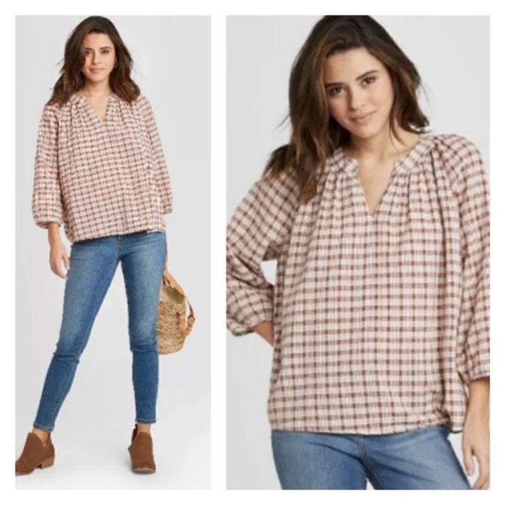 NWT Universal Thread Plaid Peasant Long Sleeve‎ Blouse Shirt Tan Small country